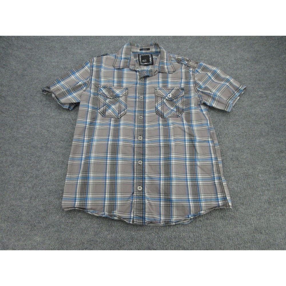 BKE Mens Shirt Slim Fit Grey Blue Plaid Short Sleeve Button Down Size L